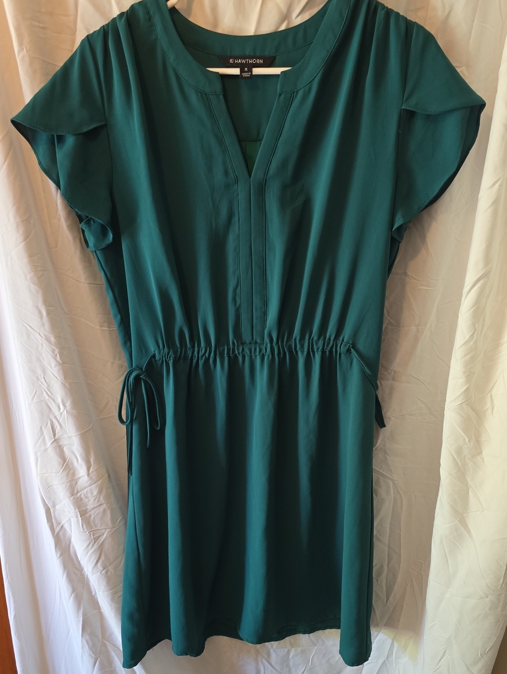 Dark Green Drawstring Waist Short Sleeve Dress